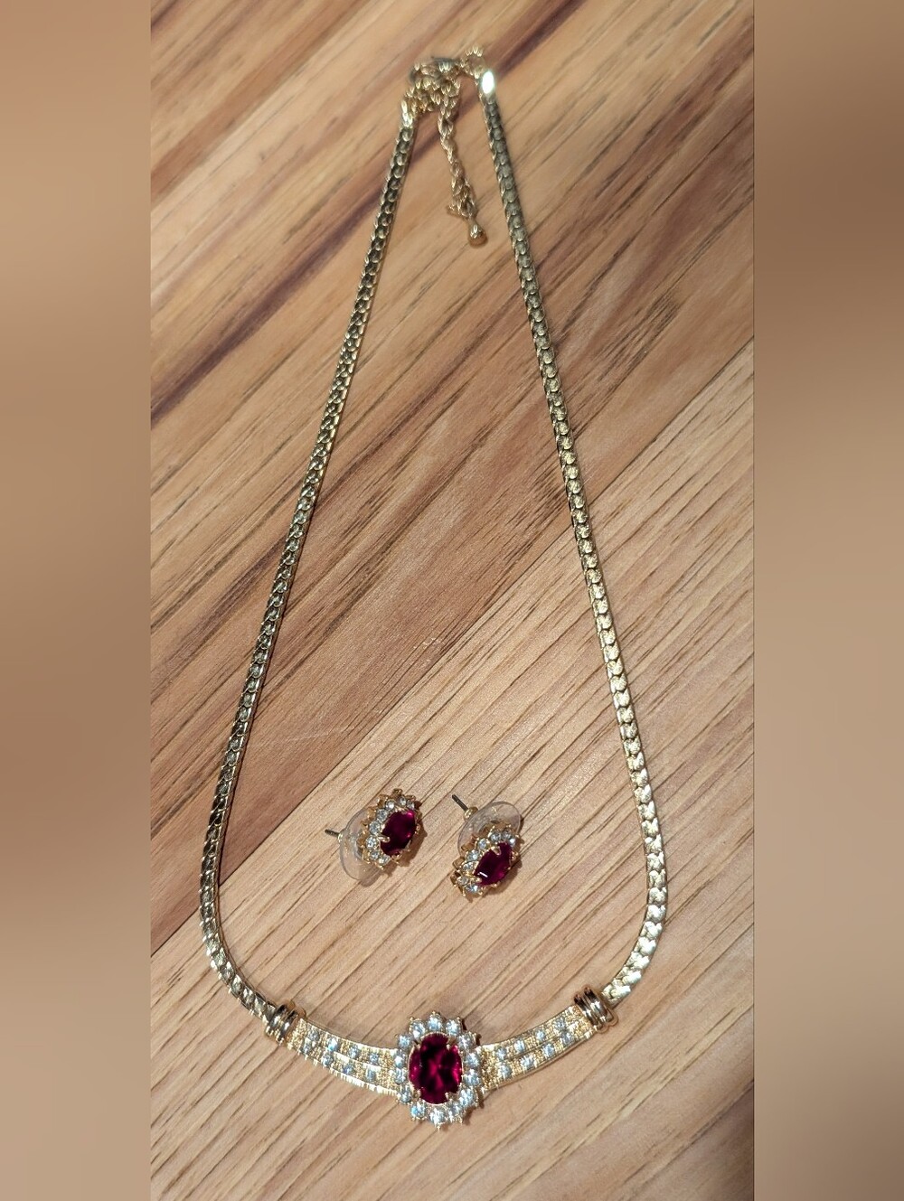 Gold-Tone Necklace and Earrings Set With Ruby Red And Clear Stones